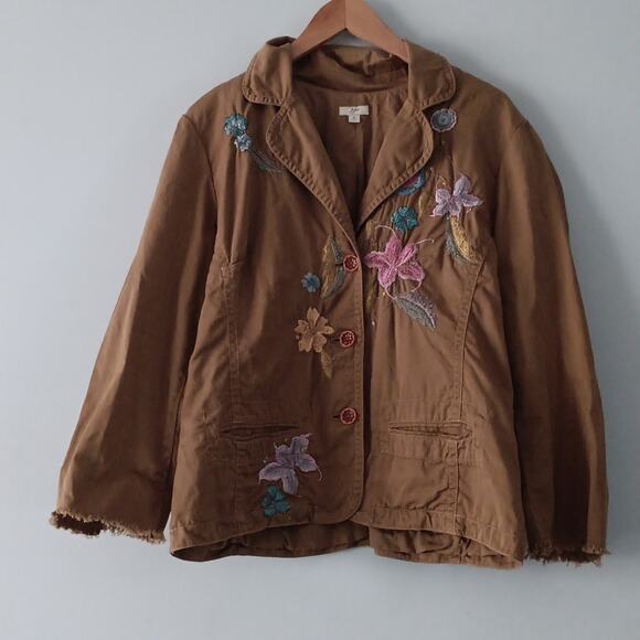J. Jill Jackets & Blazers - J.Jill Women’s Jacket M Brown Cotton Button Front Floral Embroidered